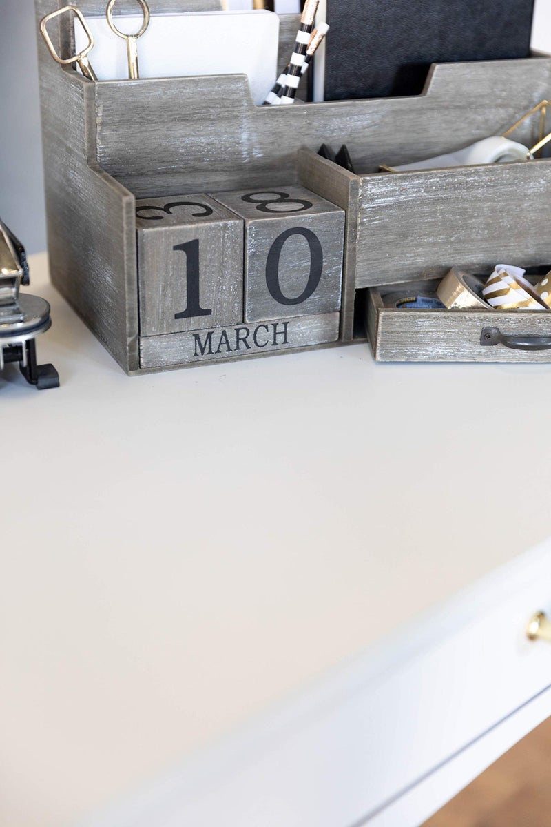 BLU MONACO | Dark Wooden Mail Organizer with Block Calendar | Two-Tier Mail Sorter, Drawer & Accessory Compartment | Desktop Organizer for Home or Womenâ€™s Office - Image 4